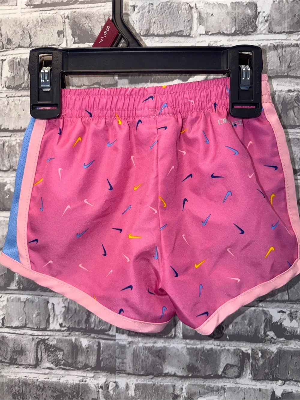 Nike Pink Girls' Shorts with Blue Panels and Multi-Color Swooshes